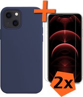Coque pour iPhone 14 Coque en Siliconen et 2x Glas de protection d'écran avec encoche fermée - Coque pour iPhone 14 Coque en Siliconen avec 2x verre de protection - Bleu foncé