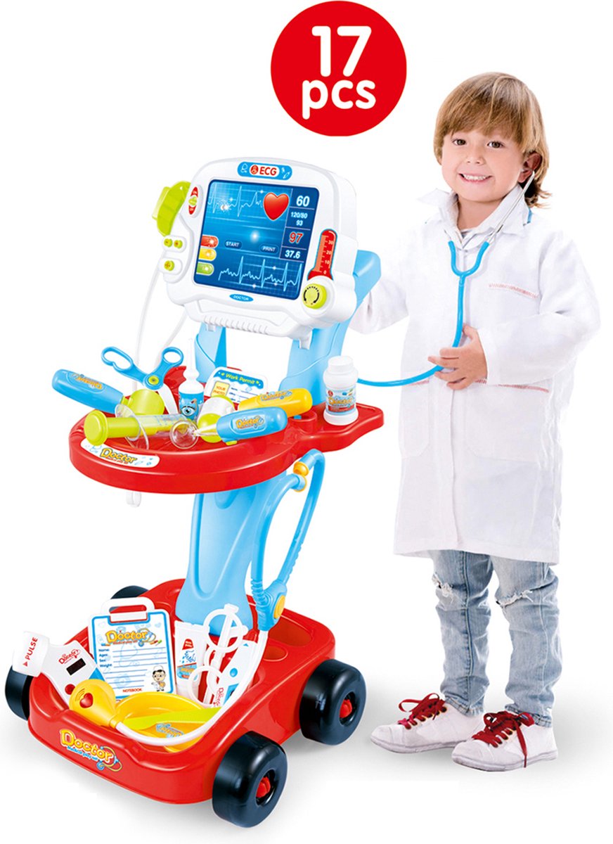 Rijoka Doktor Speelset Trolley - Speeltafel voor 3+ jaar - 17 accessoires