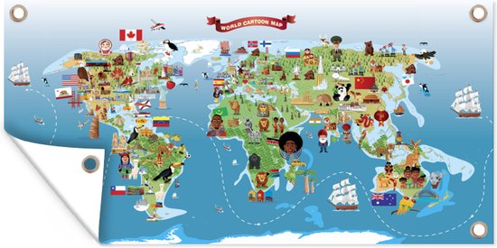 Schuttingposter Een cartoonillustratie van een kaart van de wereld - 200x100 cm - Tuindoek