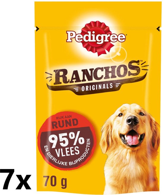 Gele verpakking Pedigree Ranchos Originals met een afbeelding van een lachende golden retriever. 7x 70g.