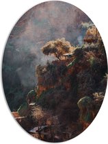WallClassics - PVC Schuimplaat Ovaal - Tenten op een Berg met Bomen - 81x108 cm Foto op Ovaal  (Met Ophangsysteem)