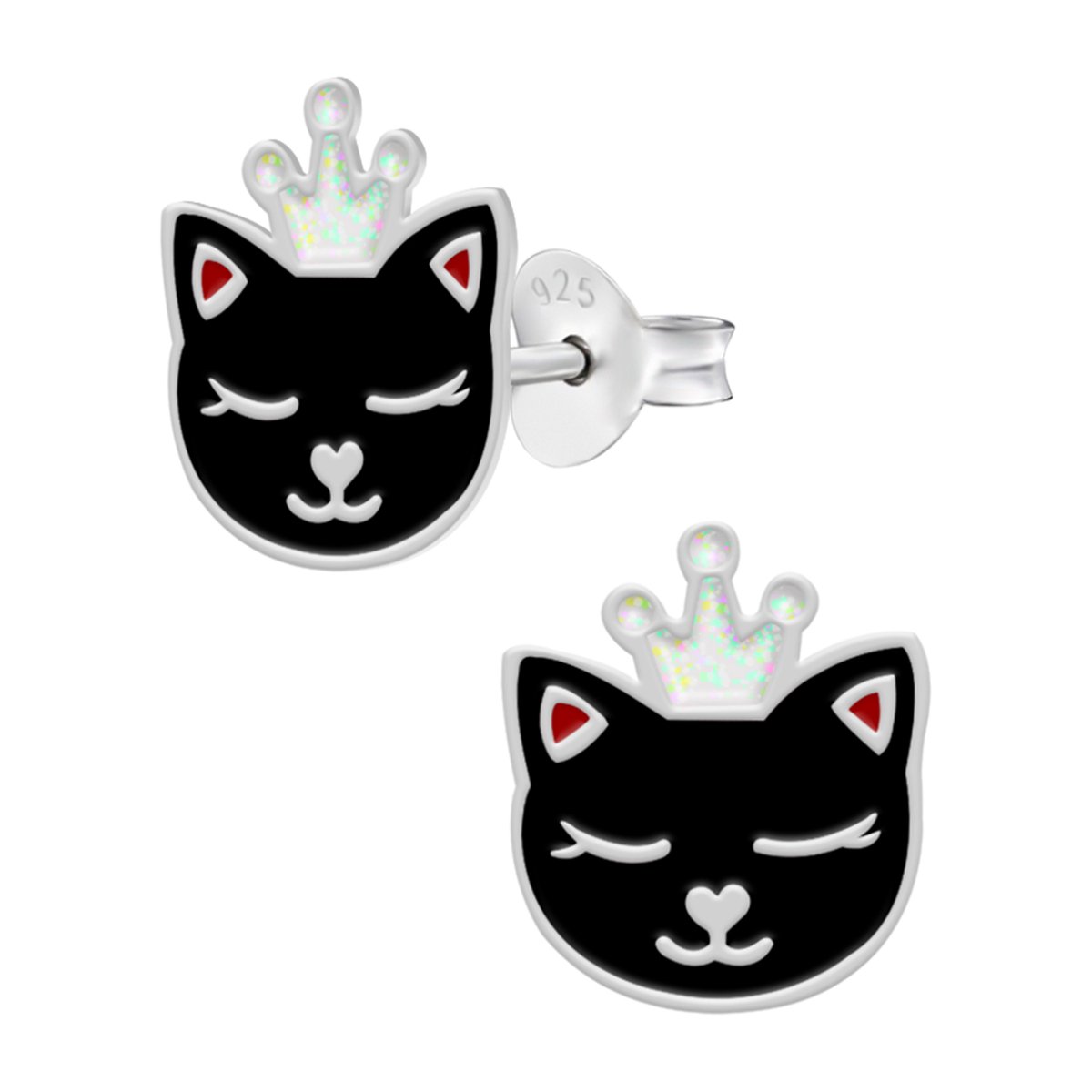 Oorbellen meisje | Zilveren kinderoorbellen | Zilveren oorstekers, zwarte kattenkop met glitterkroon
