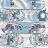 Dutch Wallcoverings - Pop- skateboard grijs/blauw - vliesbehang - 10m x 53cm - M478-01