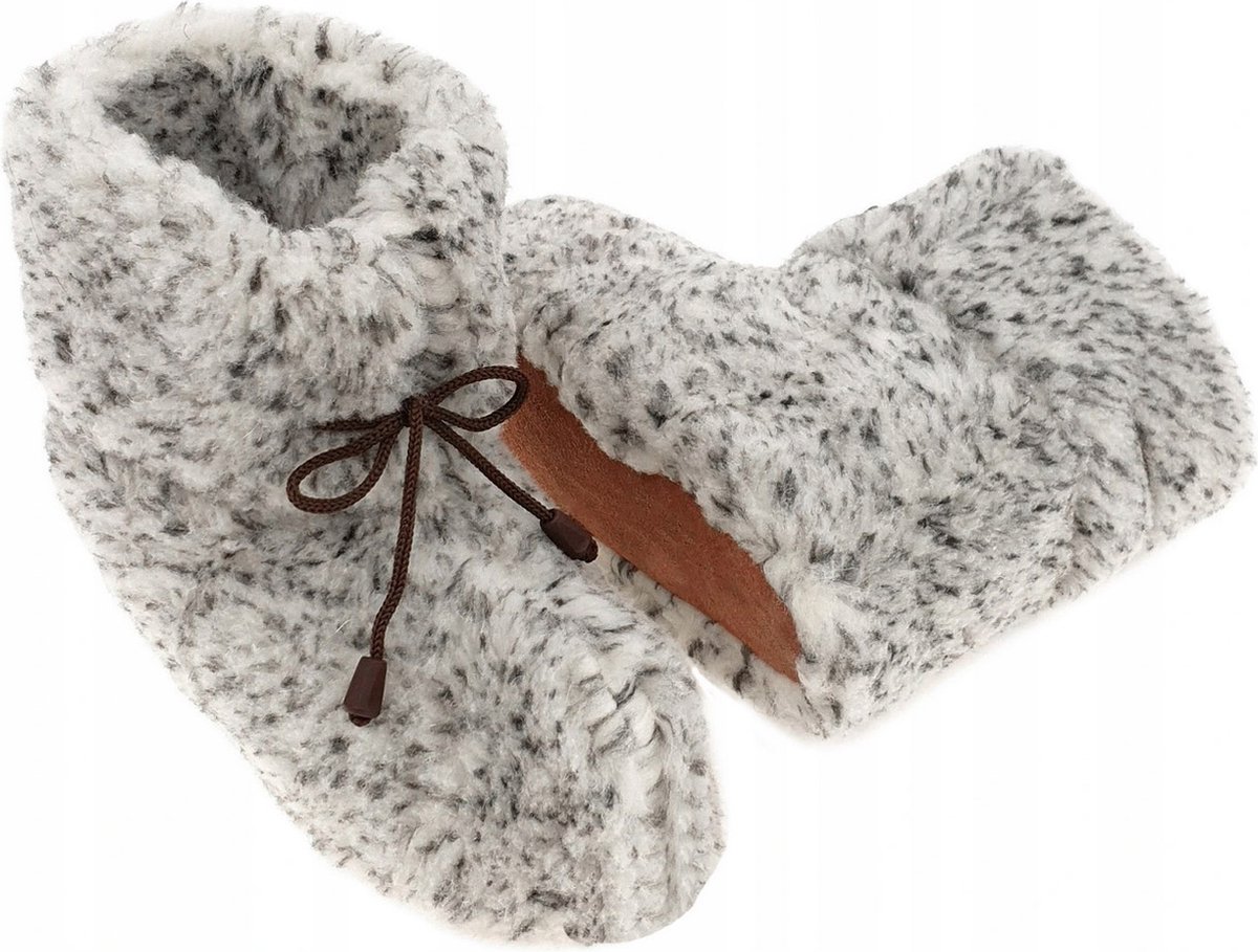 Wollen Sloffen - Winter Pantoffels 100% ECHT Lamswol en Leer - MAAT 43 - Leren Zooltjes – Veters - Handgemaakte Slofjes - Kleur Grijs Gemêleerd