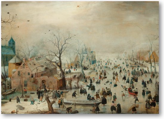Winterlandschap met schaatsers - 70x50 Canvas Liggend - Hendrick Avercamp
