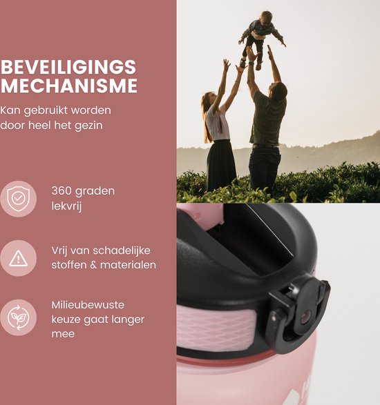 Roze drinkfles met lekvrij kliksysteem, veilig voor gezinnen en milieuvriendelijk.