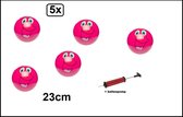5x Speel voetbal smiling face 23 cm pink + ballenpomp - voetbal speelbal strand straat bal