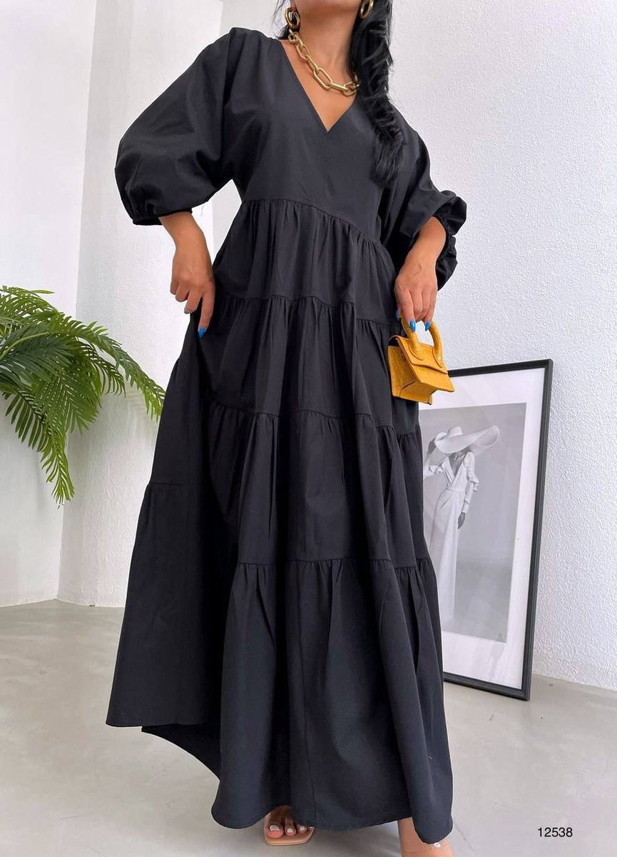 jurk - zwarte jurk - jurk met vhals - little black dress - feestjurk - moeder van de bruid - strokenjurk - katoenen jurk - Maat S (36)