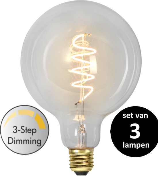 Star Trading LED Grote bol lamp (12,5cm) lichtbron - E27 - 3 standen lamp - Super Warm Wit <2200K - 4 Watt - vervangt 35W Halogeen - set van 3