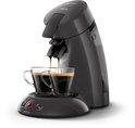 Zij aanzicht van een grijze Senseo koffiemachine die twee glazen Senseo koffie zet.