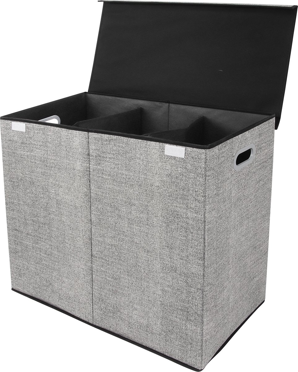 Zonovi Wasmand – 3 Vakken Met Deksel – Opvouwbaar – Wassorteerder – Dubbele Wasmand – Laundry Basket – Wasbox – Organizer Kleding - Stof – Grijs – 110 Liter