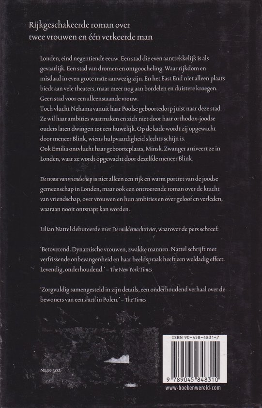 Boek "Troost van vriendschap" van Lilian Nattel. Kaft met titel en tekst over Londen, negentiende eeuw, twee vrouwen en een man.