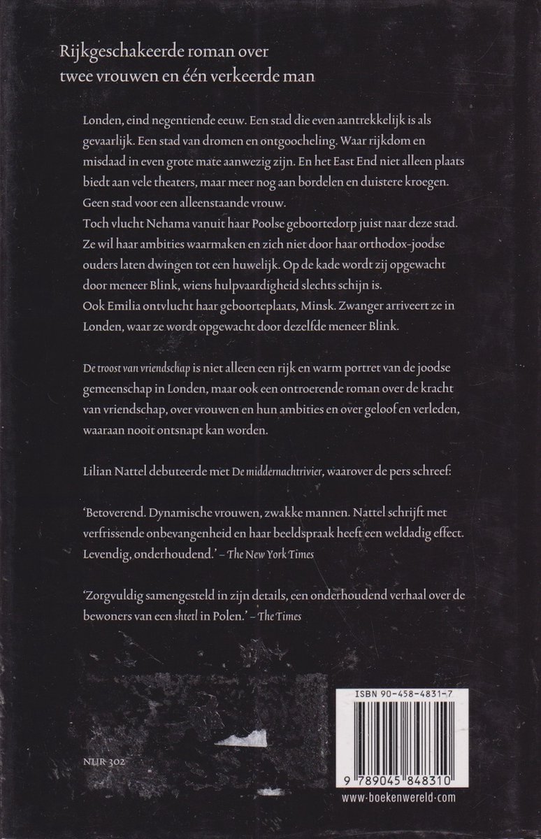 Boek "Troost van vriendschap" van Lilian Nattel. Kaft met titel en tekst over Londen, negentiende eeuw, twee vrouwen en een man.