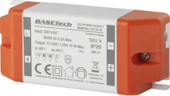 Basetech LD-12-15 LED-transformator Constante spanning 15 W 1.25 A Geschikt voor meubels, Overspanning, Montage op ontv