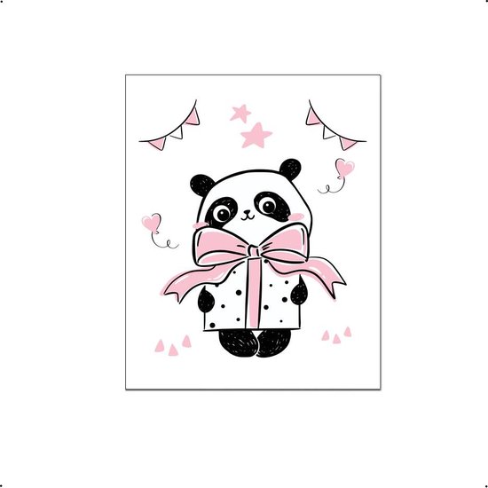 PosterDump - Panda kadotje geven roze - Baby / kinderkamer poster - Dieren poster - 30x21cm / A4