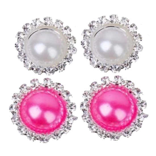 2 Paar Clip oorbellen-Roze-Wit-1.5 cm-akunststof-Strass-Geen gaatje-Charme Bijoux