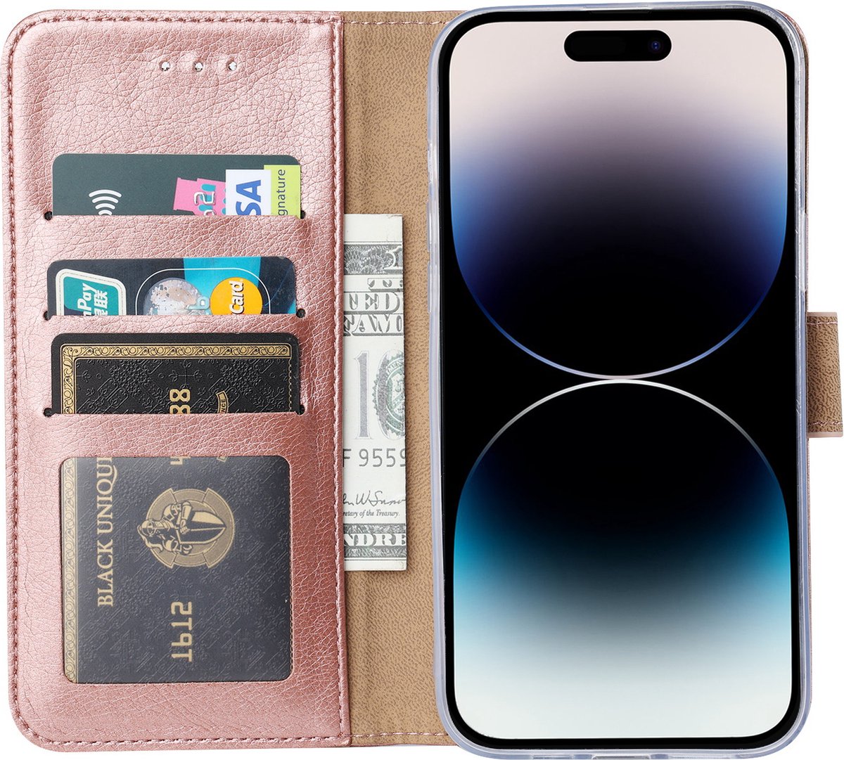 BixB bookcase iPhone 14 Pro hoesje met pasjeshouder Wallet case booktype - Rosegoud