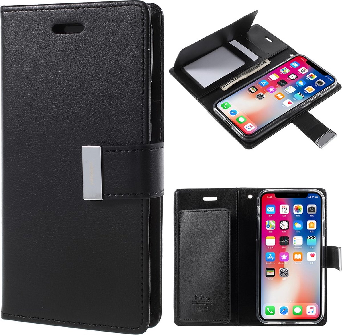 Mercury Wallet lederen portemonnee TPU case geschikt voor iPhone X XS - Bookcase Zwart