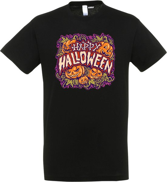 T-shirt Happy Halloween pompoen | Halloween kostuum kind dames heren | verkleedkleren meisje jongen | Zwart | maat M