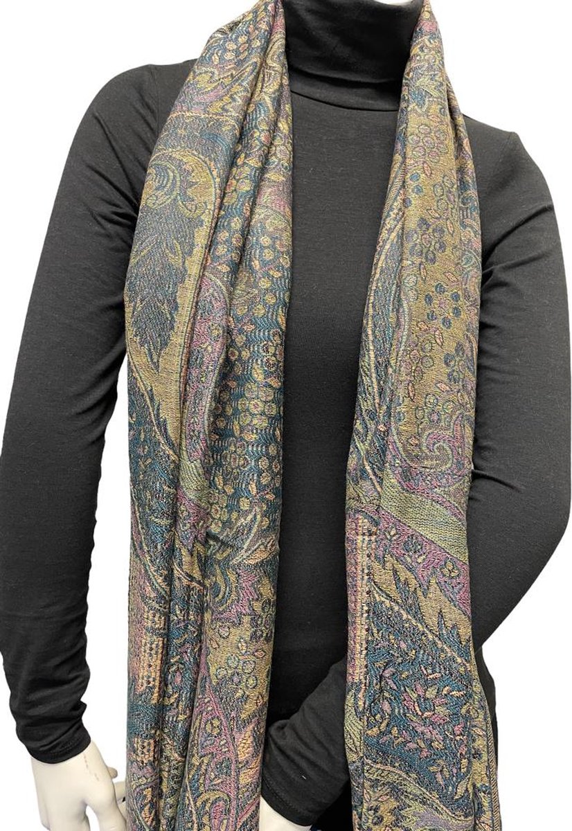 Pashmina Sjaal- Prachtige kwaliteit dames sjaal- Fijn geweven Sjaal 208/4- Zwart Groen, Roze, meerkleurig