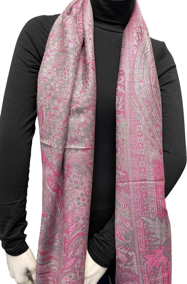 Pashmina Sjaal- Prachtige kwaliteit dames sjaal- Fijn geweven Sjaal 208/3- Roze, grijs, meerkleurig
