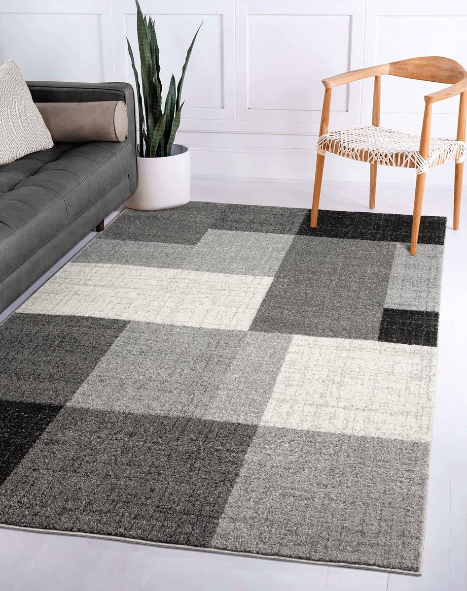 Flycarpets Belos Vloerkleed Geblokt - Grijs / Antraciet - Laagpolig - 200x280 cm