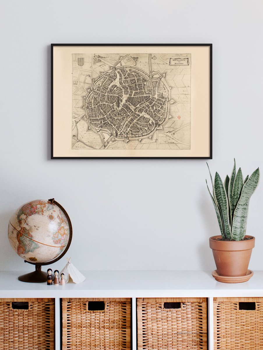 Esque Poster In Zwarte Lijst - Historische Oude Kaart Mechelen - Stadsplattegrond 1652 - 50x70 cm