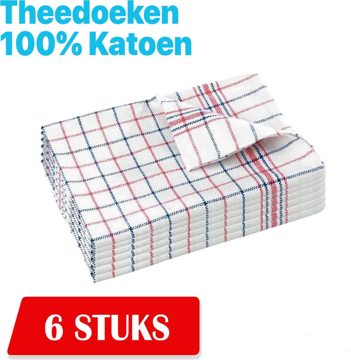 Theedoekenset - Glazendoeken - Blok Rood-blauw - 65x65 - Set van 6 - Geblokt - Blokdoeken - 100% katoen - Horeca Theedoeken - horeca - Glazendoeken