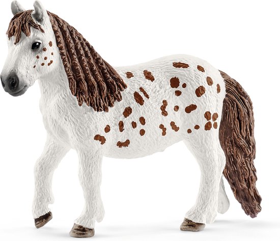 Bruine hengst met witte vlekken, manen en staart van donkerbruin haar.