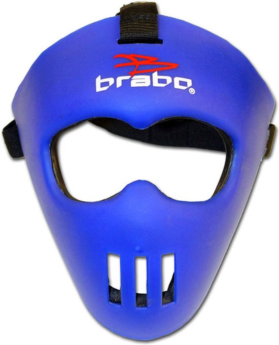 Blauw Brabo spelersmasker, met gaten voor ogen en mond, en 'Brabo' logo boven de ogen.