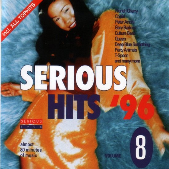 Hoes van 'Serious Hits '96 Volume 8' met vrouw in oranje jurk en tekst