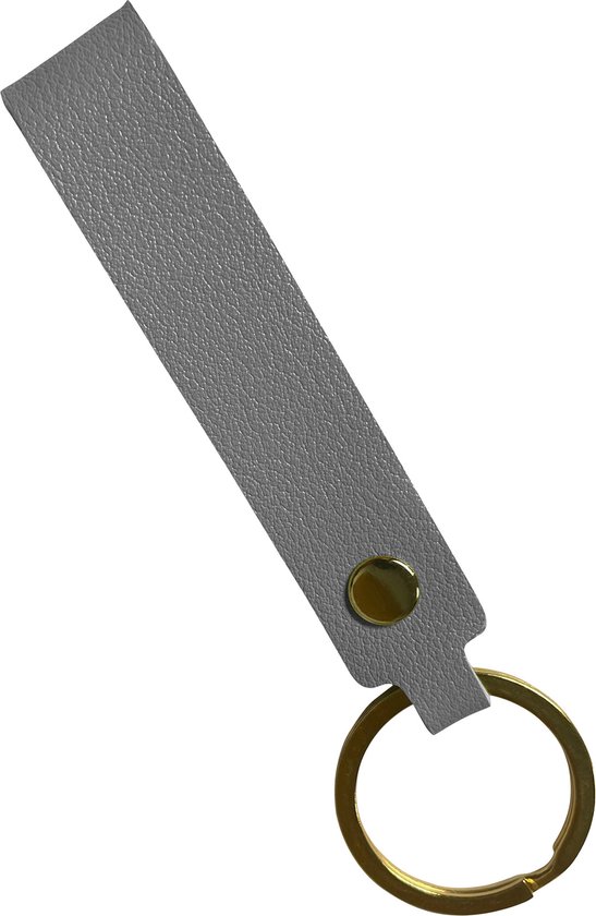 Grijze PU leren sleutelband met gouden ring en drukknop.