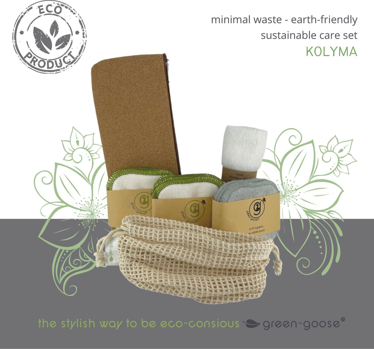 green-goose® Duurzaam Verzorgingspakket Kolyma | 6-delig | 15 Herbruikbare Wattenschijfjes | Zachte Mega Pad | Kurk Make-up Etui