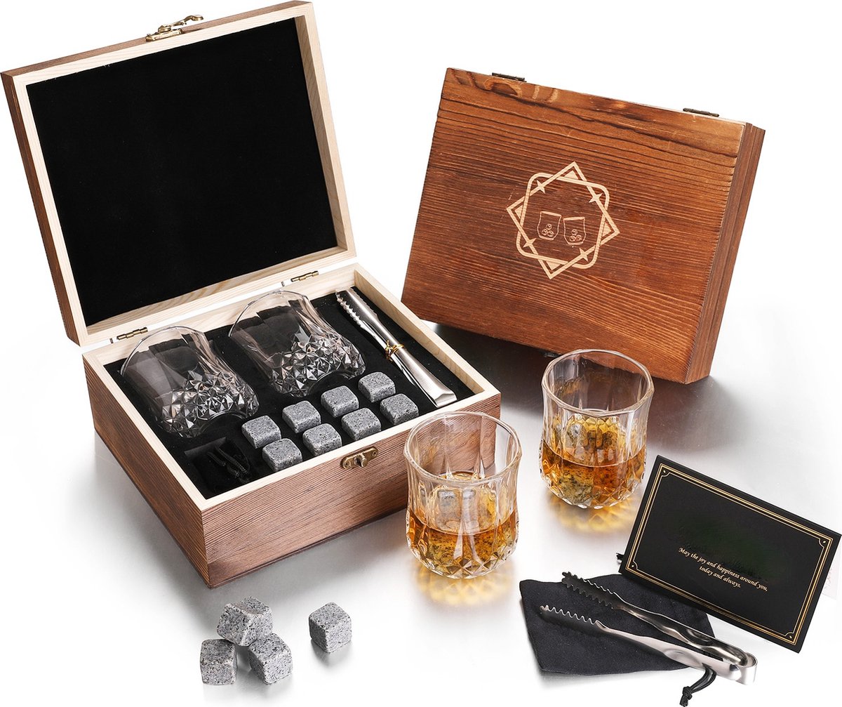 VONATES Whiskeykaraffen - Whiskey Glazen - Whiskey Karaf - Luxe Whiskey Karaf Set - 200ml*2 - met 8 Whiskey Stones/IJstang/Koffer - Cadeau voor Man & Vrouw