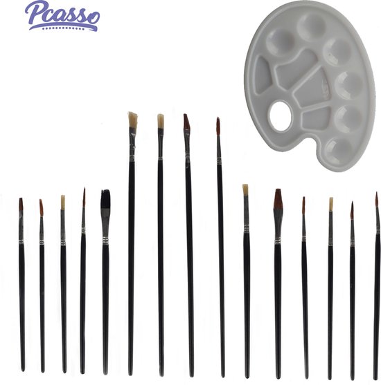 Pcasso ® 16-delige Penselen Set - Penselen - Kwasten - Verfkwasten - Acryl penselen - Aquarel Penselen - Kwasten Schilderen - Schilderen Op nummer - Schilderen Op Nummer Volwassenen - Schilderen Op Nummer Kinderen - Aquarelverf - Verf