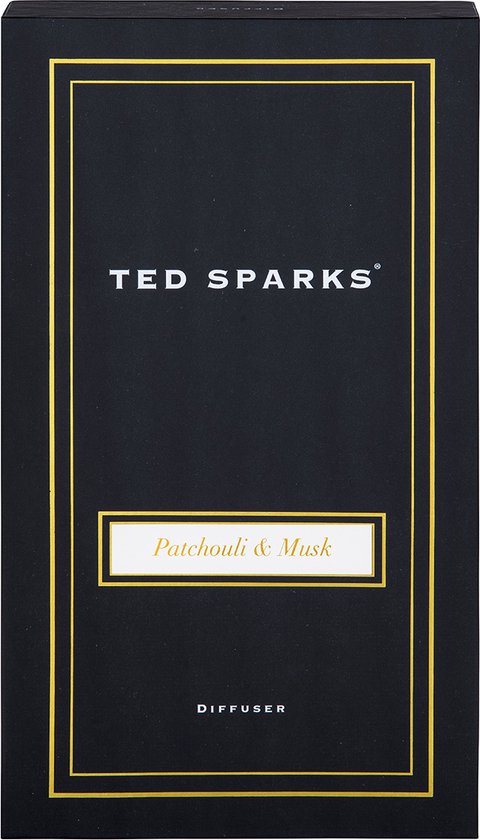 Zwarte kartonnen verpakking van Ted Sparks met gouden rand en tekst "Patchouli & Musk DIFFUSER".