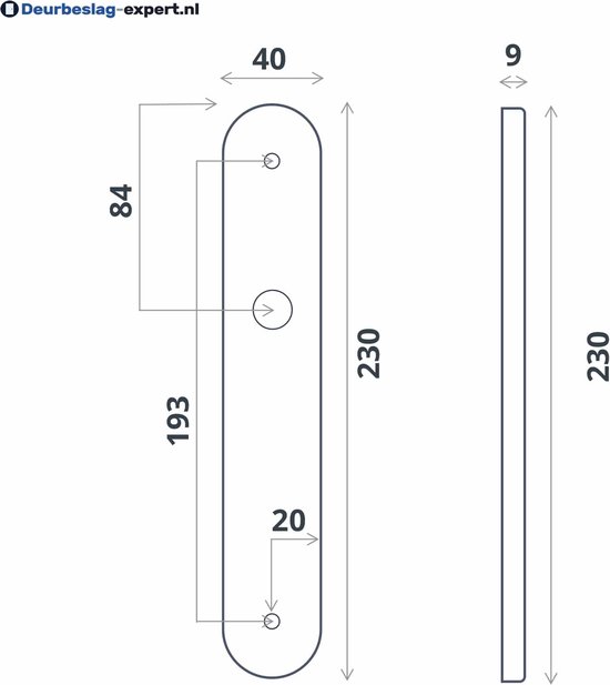 Technische tekening van het deurschild met een hoogte van 230 mm en een breedte van 40 mm.