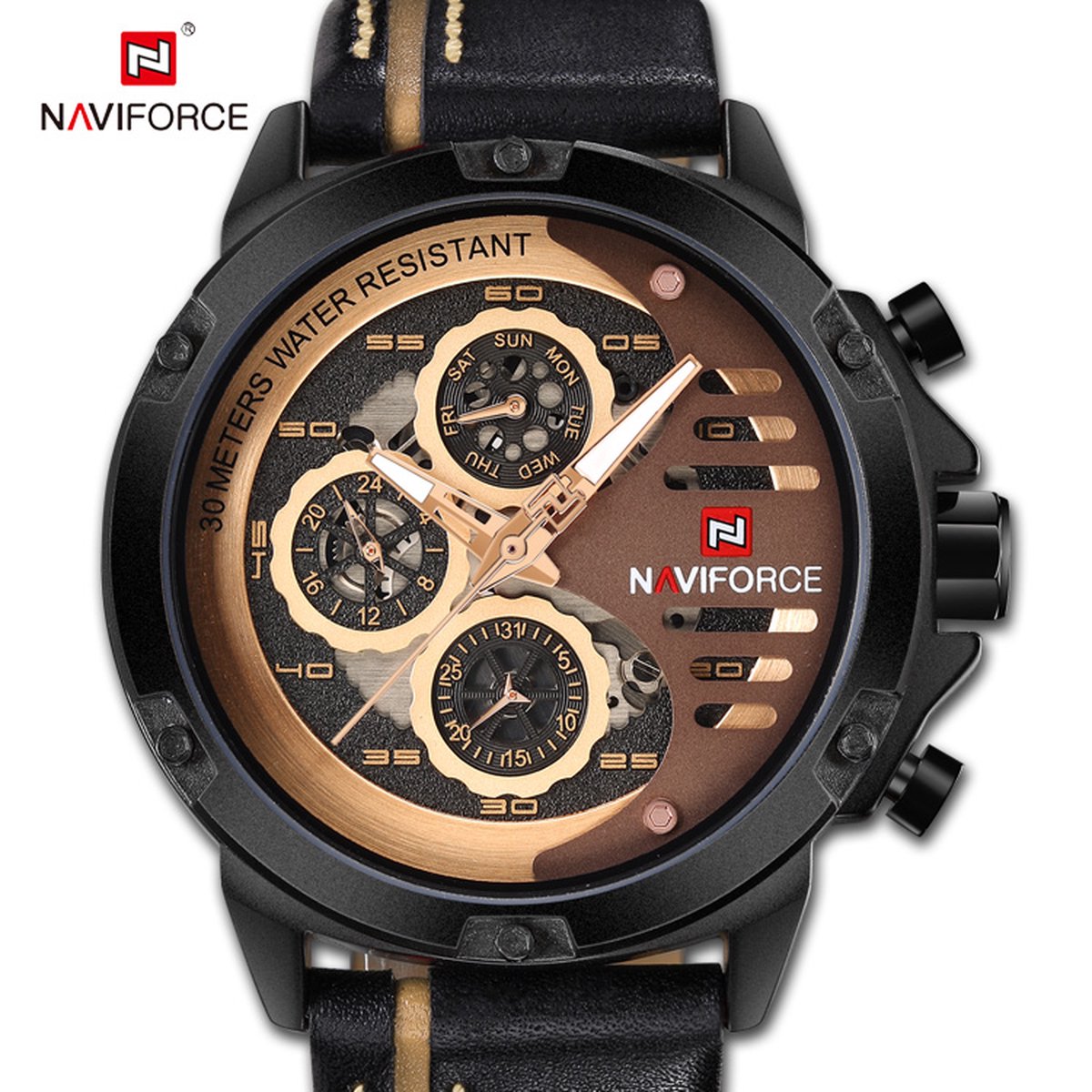 NAVIFORCE horloge voor mannen, met zwarte lederen polsband, zwarte horlogekast en grijze + gouden wijzerplaat met in het donker oplichtende wijzers ( model 9110 BRGBN ), verpakt in een mooie geschenkdoos