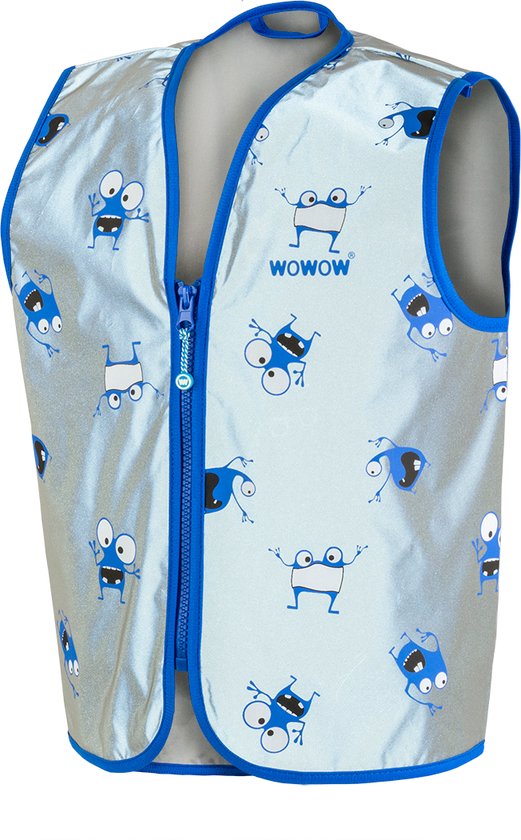 Zilverkleurig kinderhesje met blauwe monsterprint, ritssluiting en kobaltblauwe bies.