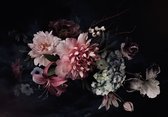 Fotobehang - Vlies Behang - Boeket met Bloemen op Zwarte Achtergrond - Vintage Bloemenboeket - 312 x 219 cm