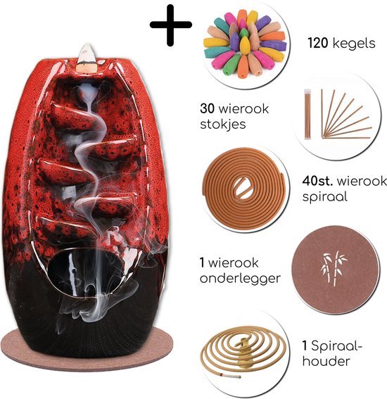 LotaHome - Wierook Waterval - Wierookbrander - Complete set - Inclusief 120 geur kegels, 30 wierook stokjes, 40x wierook spiraal, 1 onderlegger, 1 Spiraal Houder - Kegelbrander houder - Geur brander – Rood