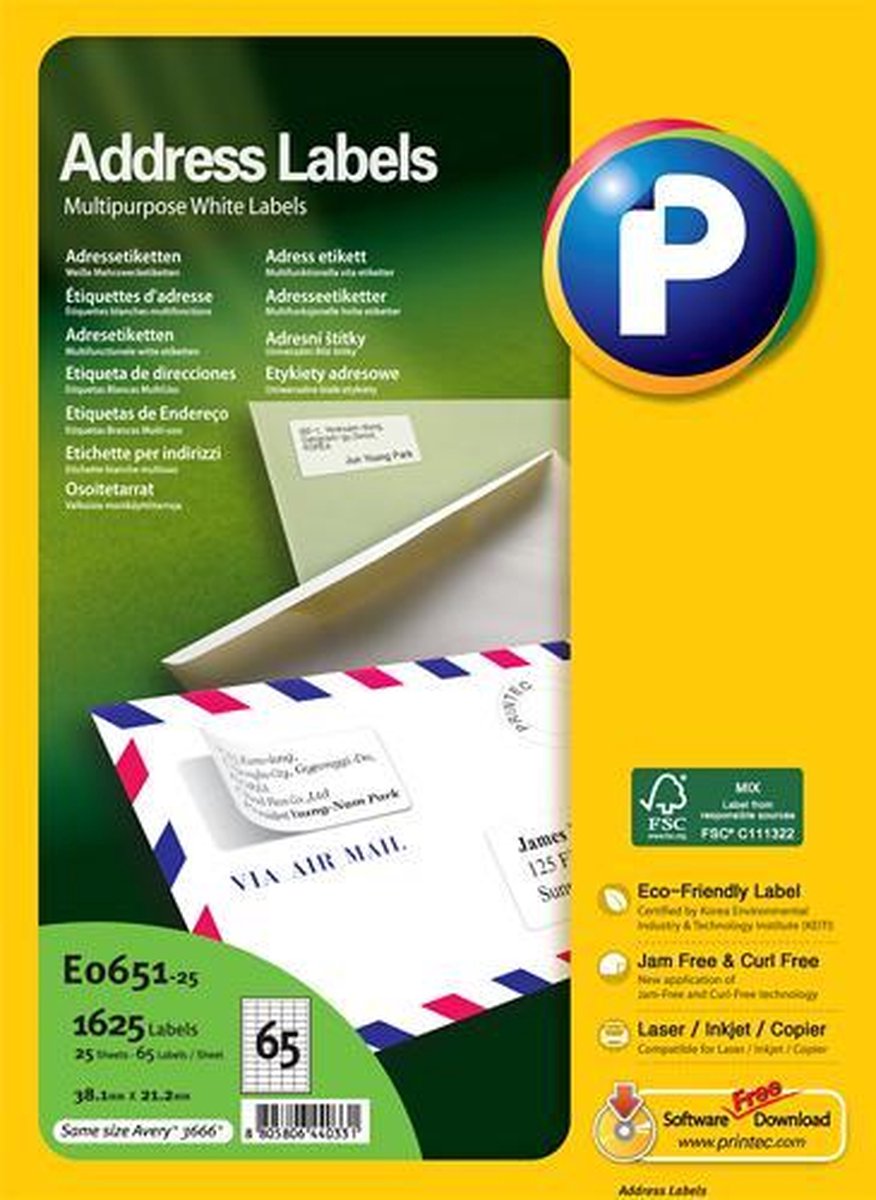 Printec Adres Etiketten - 25 Vel - 38.1x21.2mm - 65 Labels Per A4 - 1625 Stickers