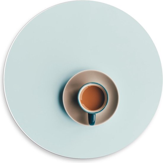 Forex Wandcirkel - Kopje Koffie van Boven met Pastel Blauw - 50x50cm Foto op Wandcirkel (met ophangsysteem)