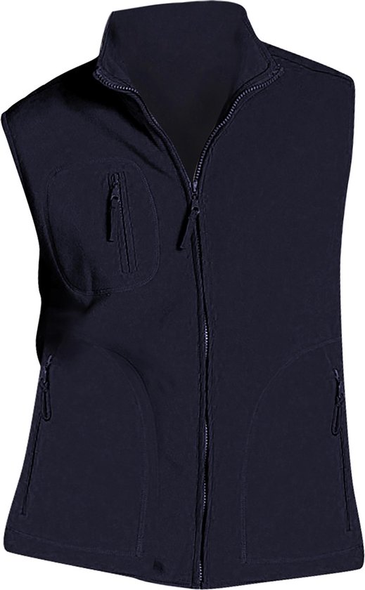 Marineblauw fleece gilet met rits, opstaande kraag en ritszakken op de borst en zijkanten.