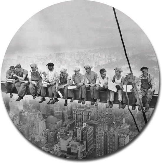 Muurcirkel Lunch atop a Skyscraper - 40x40 cm - Wandcirkel - Dibond - Aluminium