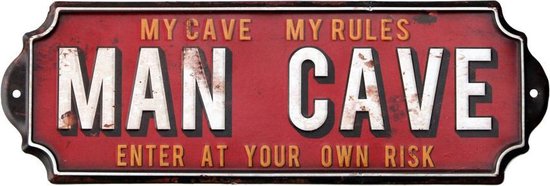 Signs-USA - Man Cave sign - rood - retro wandbord - metaal - 42 x 14.5 cm