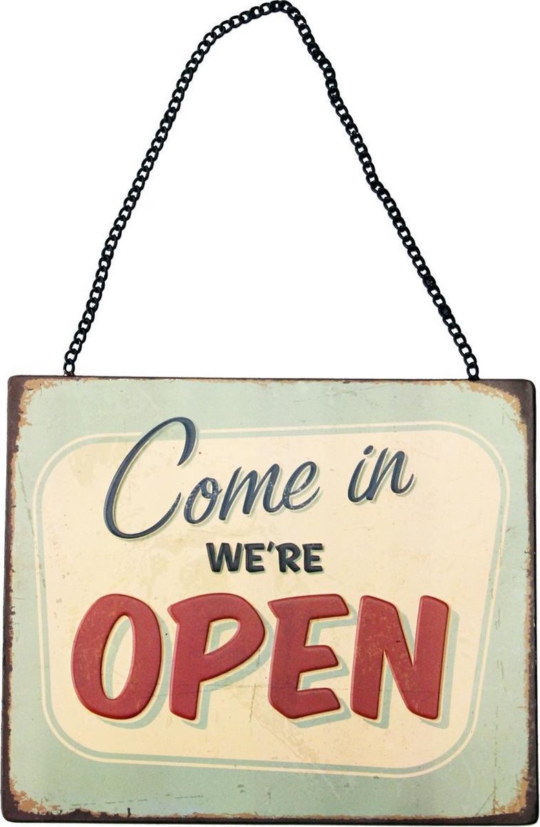 Signs-USA - Open sign aan een ketting - groen rood vintage verweerde uitvoering - metaal - 30 x 25 cm