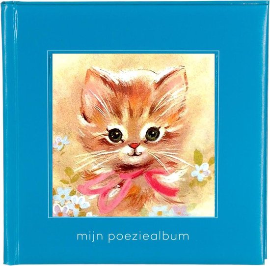 Blauw poëziealbum met illustratie van een schattig poesje met een roze strik en bloemetjes. Tekst: 'mijn poeziealbum'.