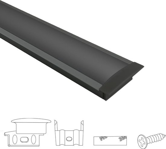 Aluminium led strip profiel zwart inbouw 2M - breed en laag - compleet met afdekkap