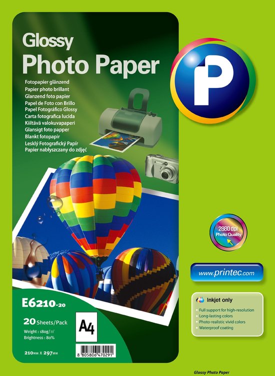 Ritueel reactie bezoek Printec Fotopapier - Glossy glanzend - 20 vellen A4 formaat - 210x297mm, 180  gram per m² | bol.com